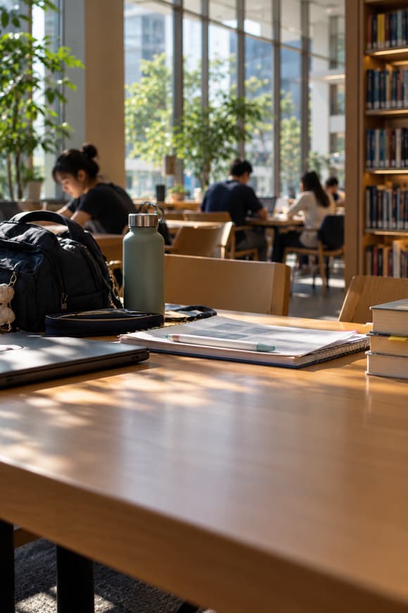 A library study table with a backpack and notes, students working in the background