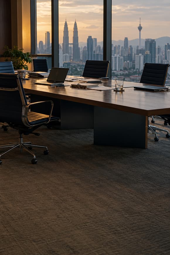 A Kuala Lumpur office meeting room at dusk, the city skyline through the windows